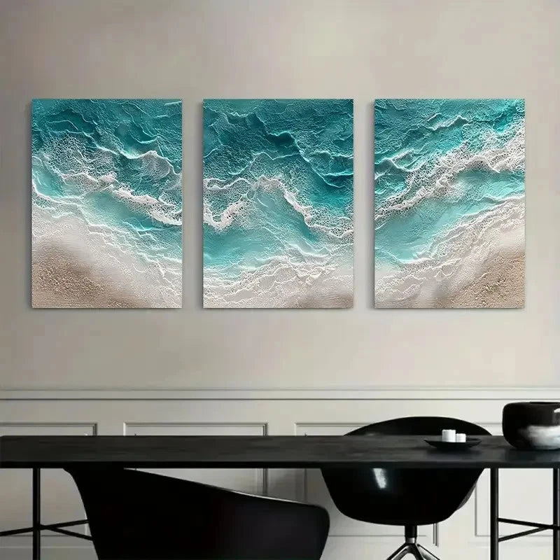 3pcs Hyper-Realistic Ocean Waves Poster Metal Print Ready to Hang Art - Bella Home Decor