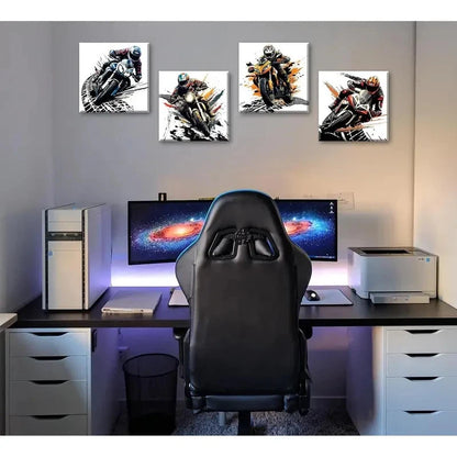 4pcs Retro Cartoon Vehicles Graffiti Motocross Wall Art Canvas Framed