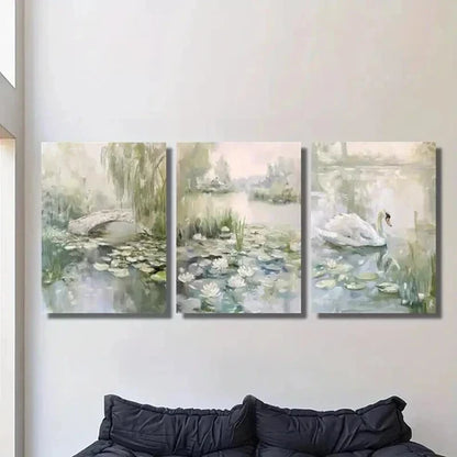 3pcs Pond with Water Lilies Swans And Ducks Wall Art Canvas Unframed – High Quality Print 100% Australian Made Wall Canvas