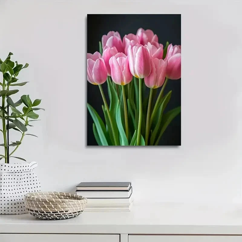 Beautiful Vibrant Pink Tulips Floral Painting 40x60cm Metal Print Ready to Hang - Bella Home Decor