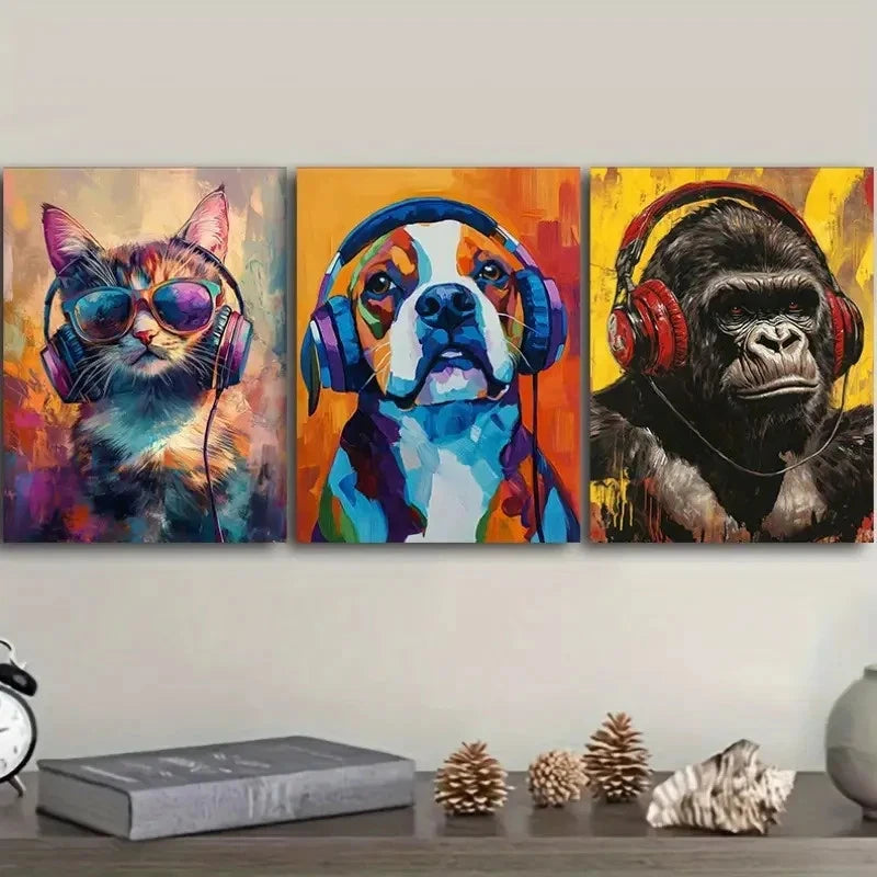 3pcs The Animals Are Listening To The Music  Wall Art Set Canvas Framed 50x70cm - High Quality Print 100% Australian Made Wall Canvas Ready to Hang - Bella Home Decor