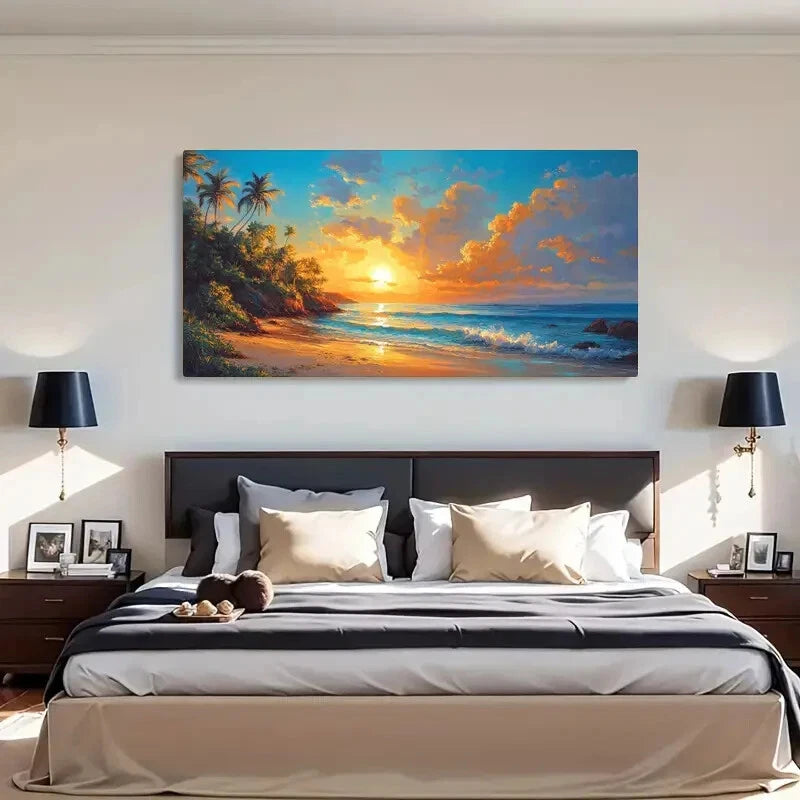 Palm Trees Blue Ocean Waves Wall Art Canvas Office Home Room Framed 120x60cm - Bella Home Decor