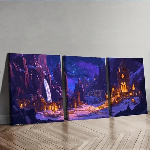 3pcs Ancient Mountain City Dark Colorful Perfect Wall Art Set Canvas Unframed - High Quality Print 100% Australian Made Wall Canvas - Bella Home Decor