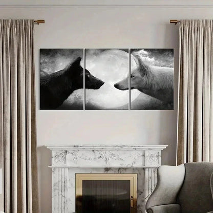 3pcs Black & White Two Wolves Under The Moon Wall Art Set Canvas Framed 50x70cm - High Quality Print 100% Australian Made Wall Canvas Ready to Hang - Bella Home Decor