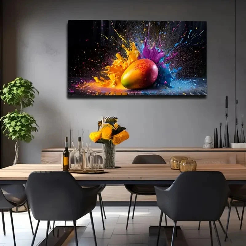 Vibrant Mango & Paint Splatter Wall Art Canvas Office Home Room Framed 120x60cm