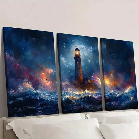 3pcs Lighthouse by the Sea nk Wall Art Set Canvas Framed 60x90cm - High Quality Print 100% Australian Made Wall Canvas Ready to Hang