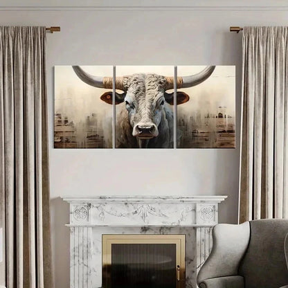 3pcs Vintage Horned Bull Cow Farmhouse Wall Art Set Canvas Framed 50x70cm - High Quality Print 100% Australian Made Wall Canvas Ready to Hang