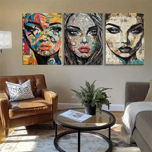 3pcs Colorful Faces with Mixed Media Perfect Wall Art Set Canvas Unframed - High Quality Print 100% Australian Made Wall Canvas - Bella Home Decor