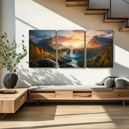 3pcs Valley Canyon Waterfall River Decor Wall Art Canvas Unframed - High Quality Print 100% Australian Made Wall Canvas