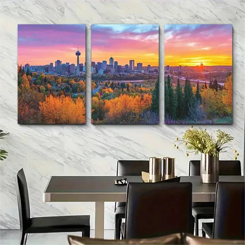 3pcs Vibrant Sunset Skyline Cityscape Perfect Wall Art Canvas Unframed – High Quality Print 100% Australian Made Wall Canvas