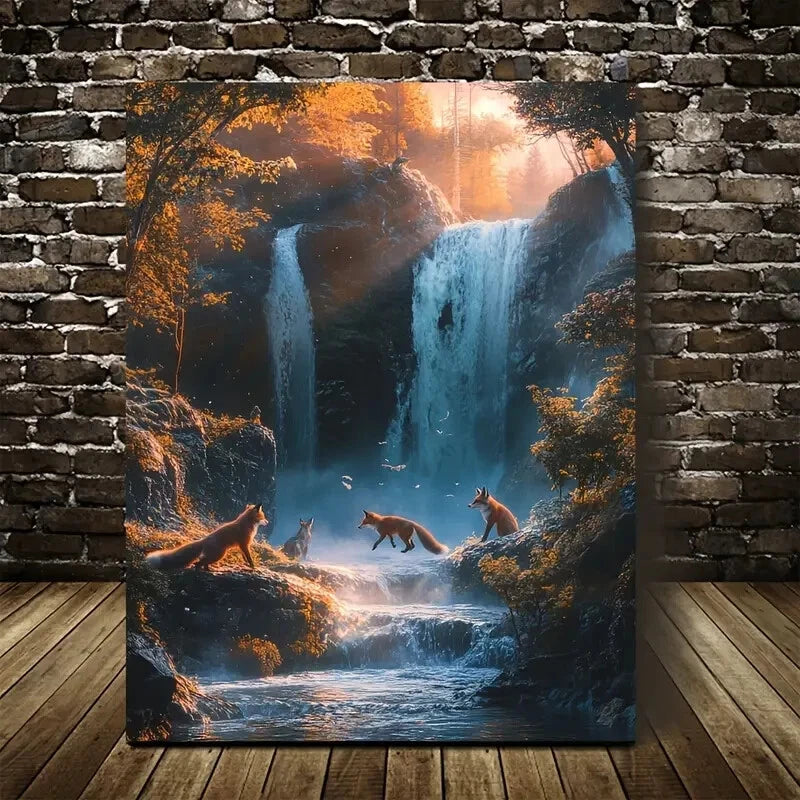 Beautiful Vibrant Fox Chase Morning Mist Painting 40x60cm Metal Print Ready to Hang - Bella Home Decor