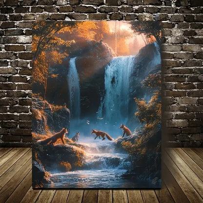 Beautiful Vibrant Fox Chase Morning Mist Painting 40x60cm Metal Print Ready to Hang - Bella Home Decor