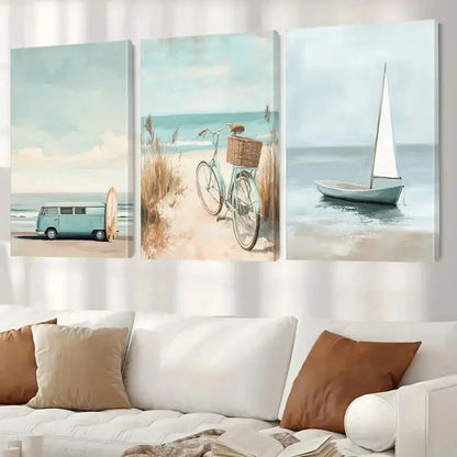 3pcs Pink Kombi Van And The Beach    Wall Art Set Canvas Framed 60x90cm - High Quality Print 100% Australian Made Wall Canvas Ready to Hang