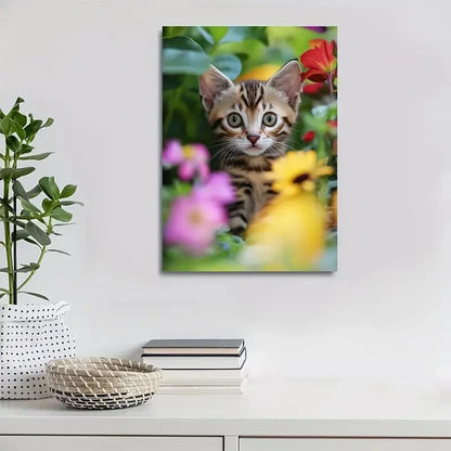 Cute Bengal Kitten with Vibrant Flowers Painting 40x60cm Metal Print Ready to Hang - Bella Home Decor