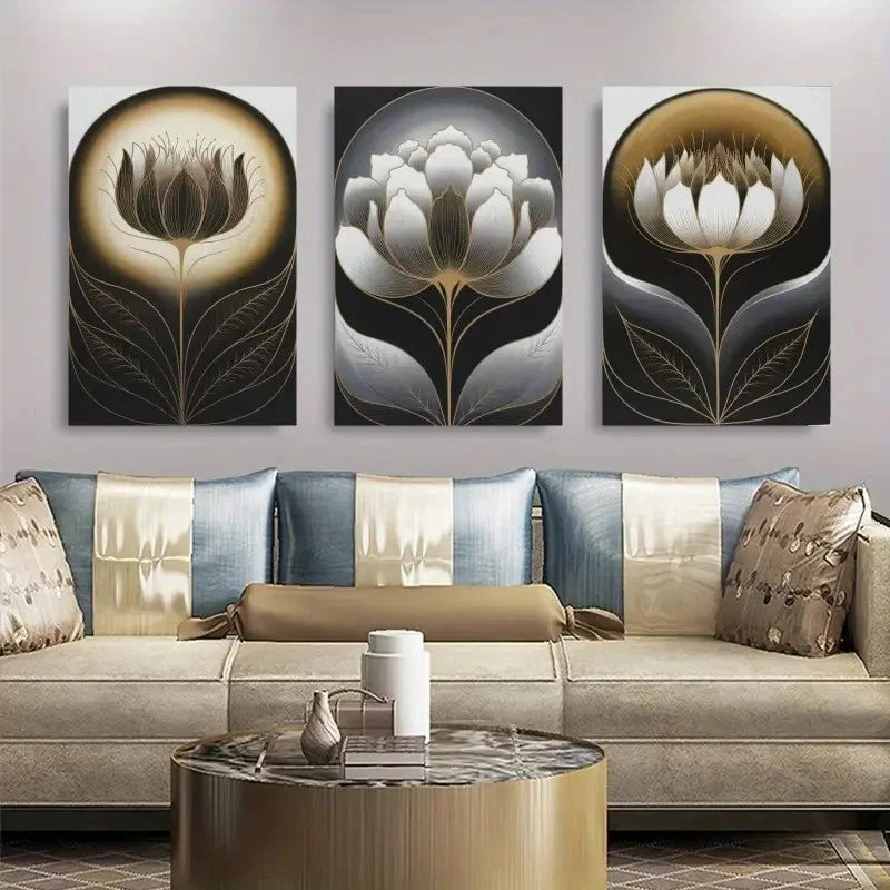 3pcs Golden Flower Canvas Decorations  Wall Art Set Canvas Framed 60x90cm - High Quality Print 100% Australian Made Wall Canvas Ready to Hang - Bella Home Decor