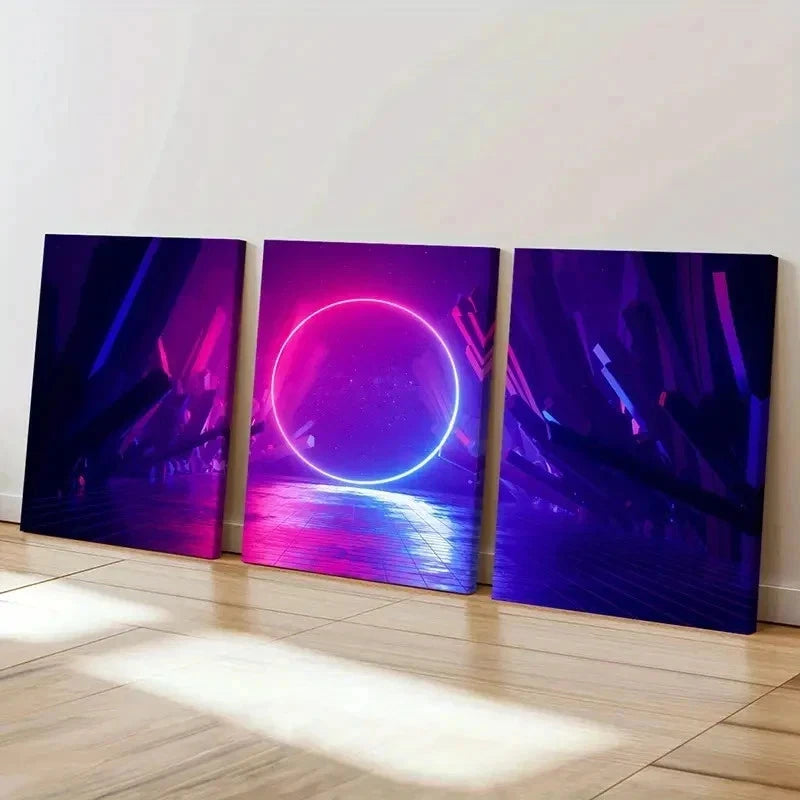 3pcs Neon Sci-fi Circle Fantasy Landscape Wall Art Set Canvas Framed 60x90cm - High Quality Print 100% Australian Made Wall Canvas Ready to Hang - Bella Home Decor