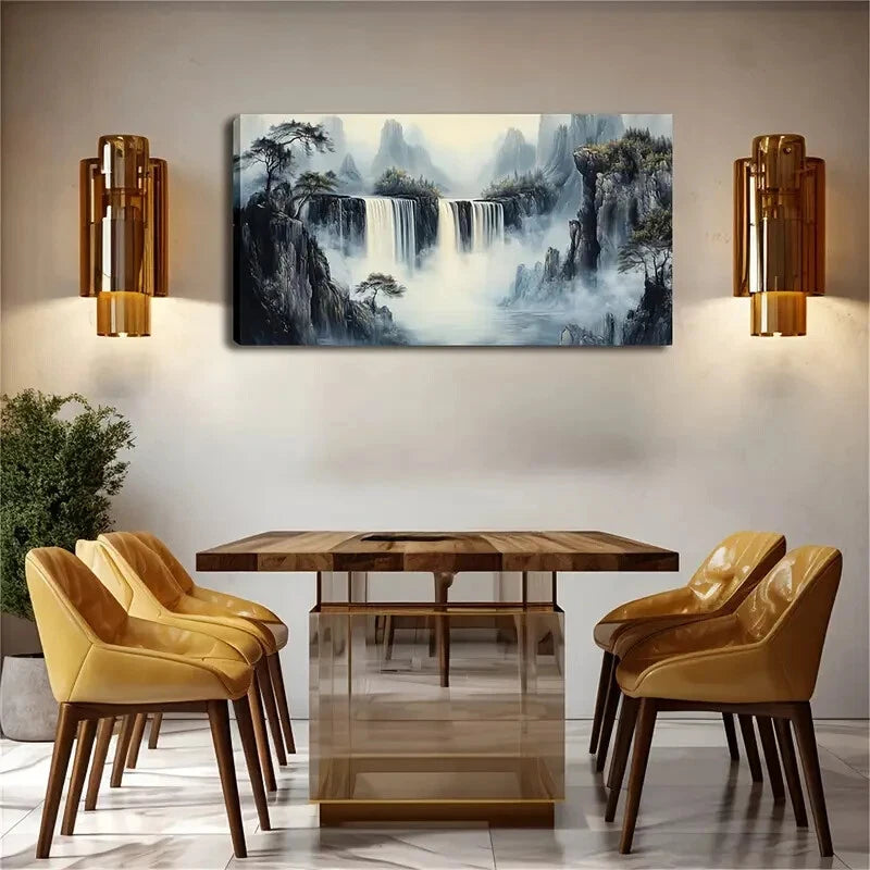 Mountain Waterfall Scene Wall Art Canvas Office Home Room Framed 120x60cm - Bella Home Decor