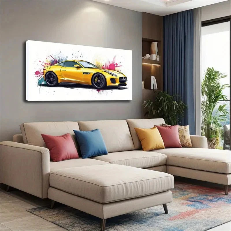Yellow Sports Car Presented Wall Art Canvas Office Home Room Framed 120x60cm - Bella Home Decor