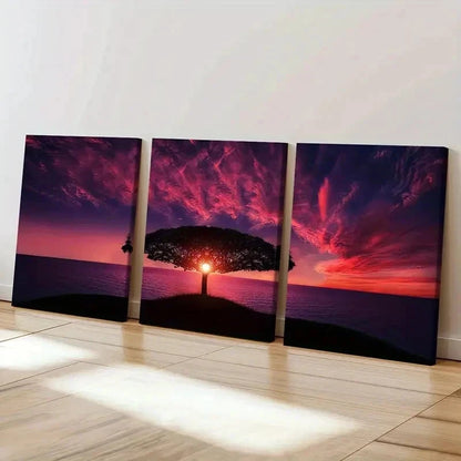3pcs Red Sunset Trees In The Sea Wall Art Set Canvas Framed 60x90cm - High Quality Print 100% Australian Made Wall Canvas Ready to Hang