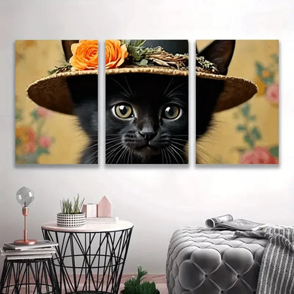 3pcs Black Cat in Straw Hat S   Wall Art Set Canvas Framed 50x70cm - High Quality Print 100% Australian Made Wall Canvas Ready to Hang - Bella Home Decor