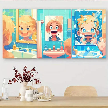 3 PCS Cute Boy Washing Face Comic-Style Wall Art Set Canvas Unframed - High Quality Print 100% Australian Made Wall Canvas - Bella Home Decor