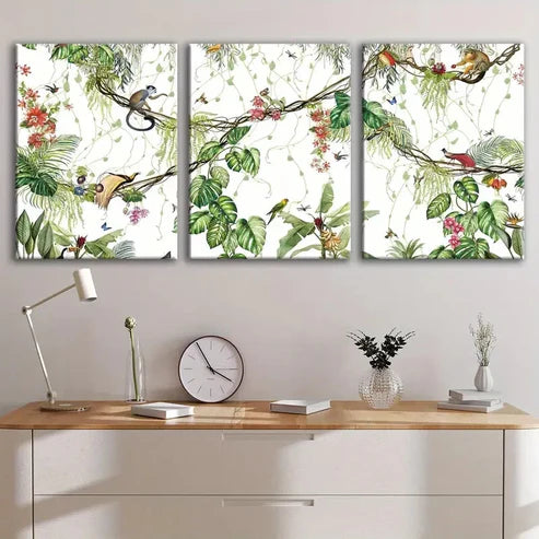 3pcs Tropical Forest Wildlife Monkey Green Leaf Wall Art Set Canvas Unframed - High Quality Print 100% Australian Made Wall Canvas