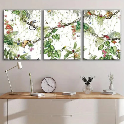 3pcs Tropical Forest Wildlife Monkey Green Leaf Wall Art Set Canvas Unframed - High Quality Print 100% Australian Made Wall Canvas