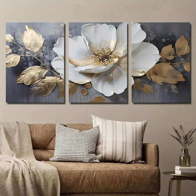 3pcs Elegant White & Golden Flowers Perfect Wall Art Set Canvas Framed 40x60cm - High Quality Print 100% Australian Made Wall Canvas Ready to Hang. - Bella Home Decor