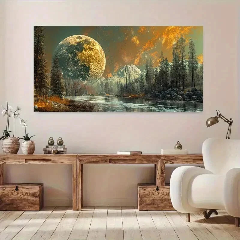 Detailed Nature Scene with Moon Wall Art Canvas Office Home Room Framed 120x60cm