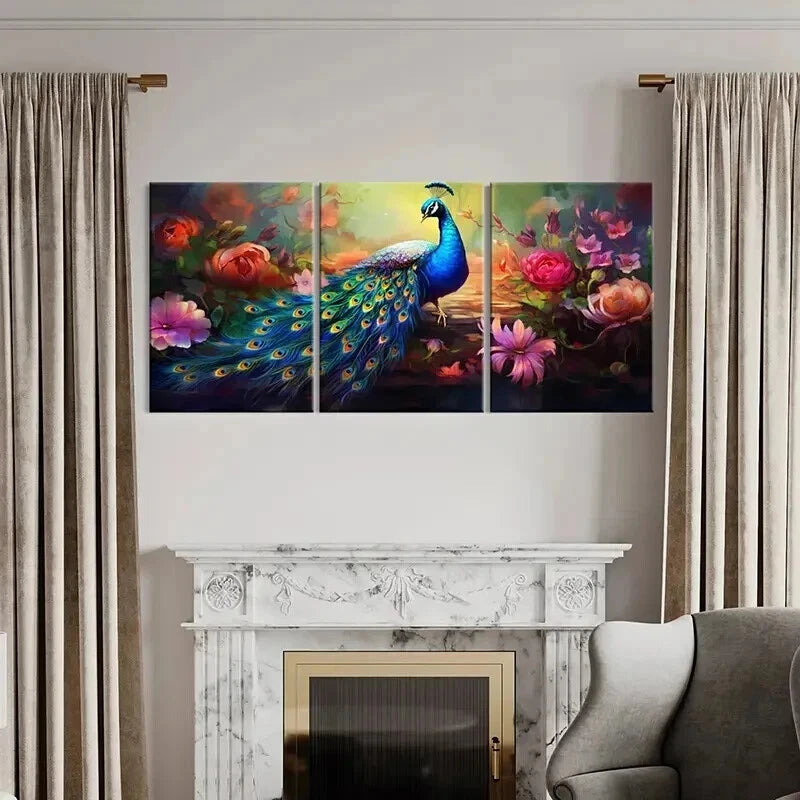 3pcs Peacock & Flower Abstract Aesthetic Wall Art Set Canvas Framed 40x60cm - High Quality Print 100% Australian Made Wall Canvas Ready to Hang - Bella Home Decor