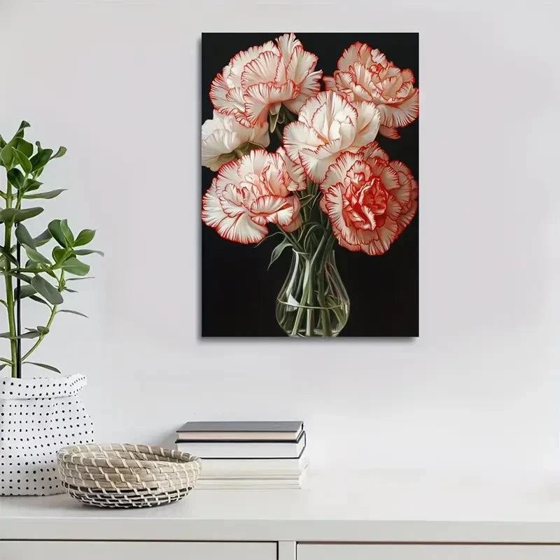 Elegant Carnation Bouquet in Glass Vase Painting 40x60cm Metal Print Ready to Hang - Bella Home Decor