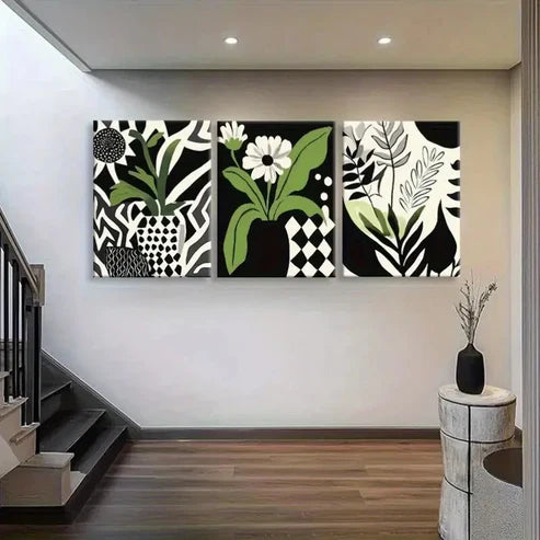 3pcs Green Black White Botanical Nature Perfect Wall Art Set Canvas Unframed - High Quality Print 100% Australian Made Wall Canvas