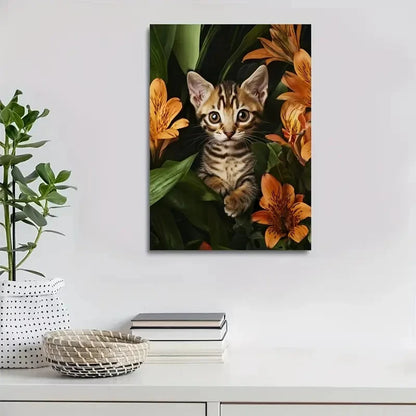 Cute Bengal Kitten with Vibrant Orange Lilies Painting 40x60cm Metal Print Ready to Hang