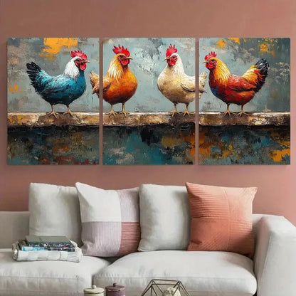 3pcs Vibrant Rooster Colorful Farm Birds Perfect Wall Art Set Canvas Framed 40x60cm - High Quality Print 100% Australian Made Wall Canvas Ready to Hang