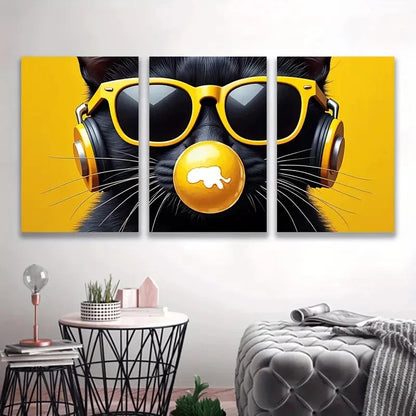 3pcs Black Cat in Fashion Glasses & Yellow  Wall Art Set Canvas Framed 50x70cm - High Quality Print 100% Australian Made Wall Canvas Ready to Hang - Bella Home Decor