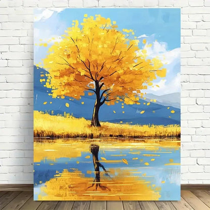 Beautiful Golden Autumn Tree Reflection Painting 40x60cm Metal Print Ready to Hang - Bella Home Decor