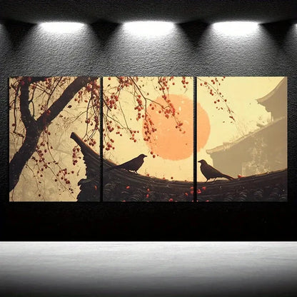 3pcs Tree on Eaves Two Birds Red Leaves Metal Print Ready to Hang Art - Bella Home Decor