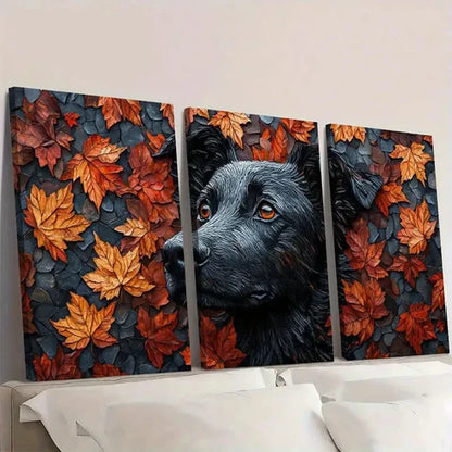 3pcs Leaf Dog Vibrant Autumn Foliage Design Wall Art Set Canvas Unframed - High Quality Print 100% Australian Made Wall Canvas