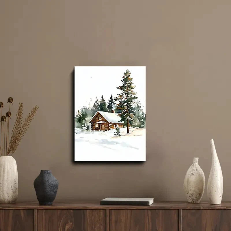 Snowy Cabin in Woods with Pine Trees Watercolor 40x60cm Metal Print Ready to Hang