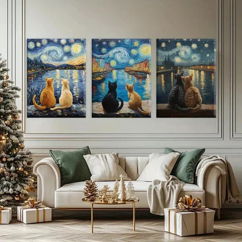 3pcs Cats Gazing at Night Starry Sky Wall Art Set Canvas Unframed - High Quality Print 100% Australian Made Wall Canvas