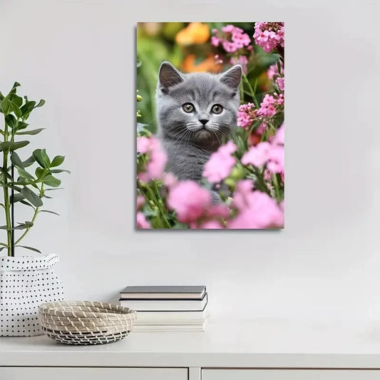Adorable British Shorthair Kitten with Vibrant Flowers 40x60cm Metal Print Ready to Hang - Bella Home Decor