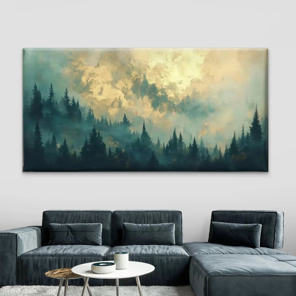 Misty Pine Forest Wall Art Canvas Office Home Room Framed 120x60cm