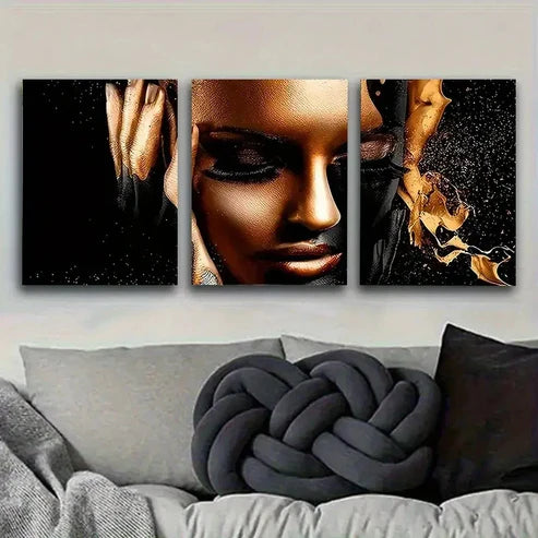 3pcs Golden and Black Portrait Wall Wall Art Set Canvas Unframed - High Quality Print 100% Australian Made Wall Canvas - Bella Home Decor