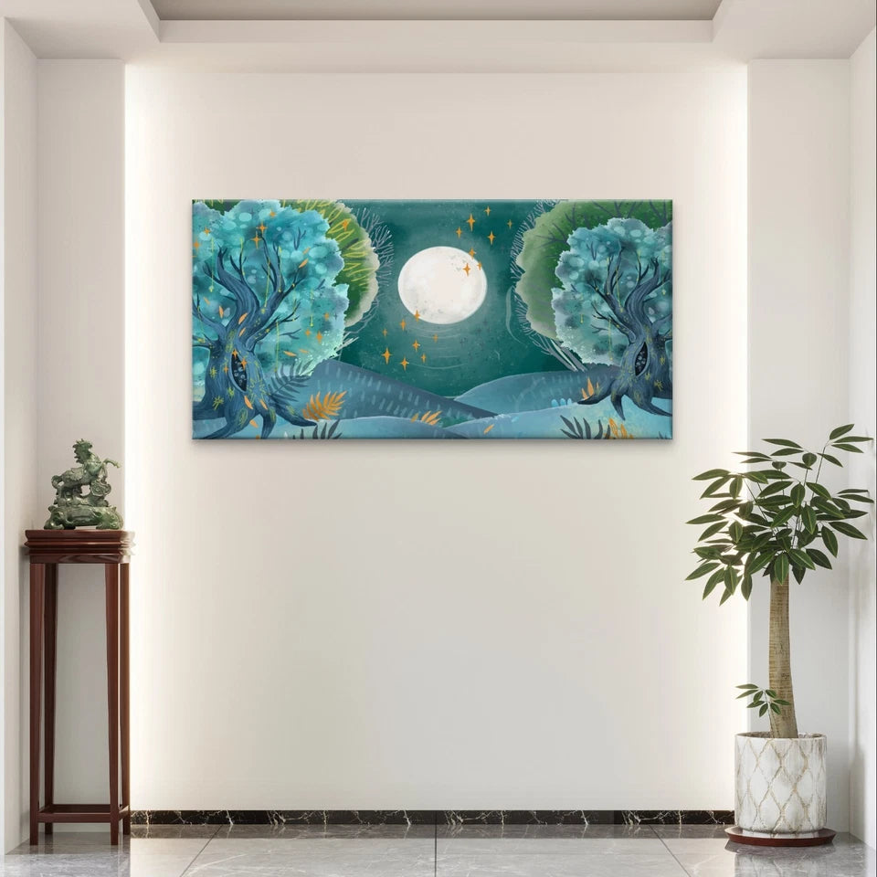 Magical Forest with Full Moon Wall Art Canvas Office Home Framed 120x60cm