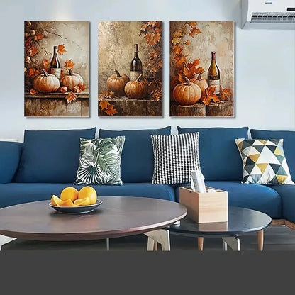 3pcs Pumpkins Wine Bottles & Fall Leaves  Wall Art Set Canvas Framed 50x70cm - High Quality Print 100% Australian Made Wall Canvas Ready to Hang