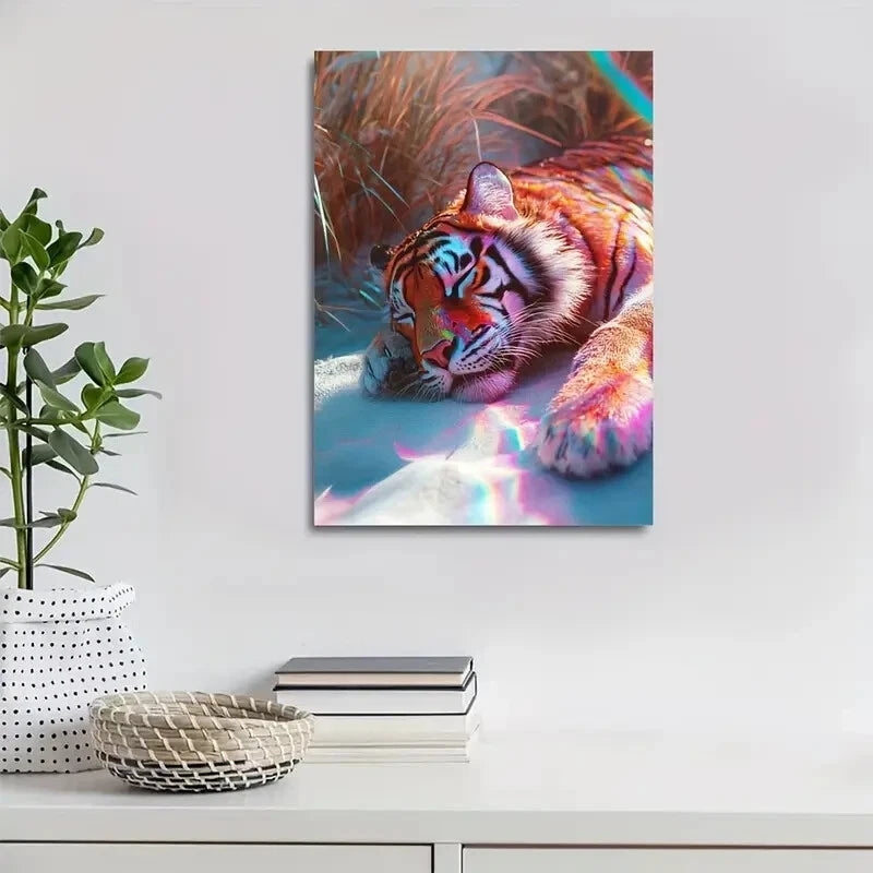 Cyberpunk Tiger Rolling on Grass Rainbow Painting 40x60cm Metal Print Ready to Hang - Bella Home Decor