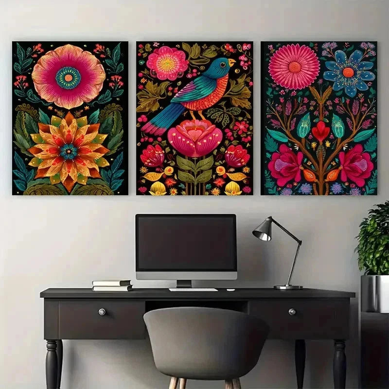 3pcs Mexican Vintage Floral Prints Perfect Wall Art Set Canvas Framed 50x70cm - High Quality Print 100% Australian Made Wall Canvas Ready to Hang - Bella Home Decor