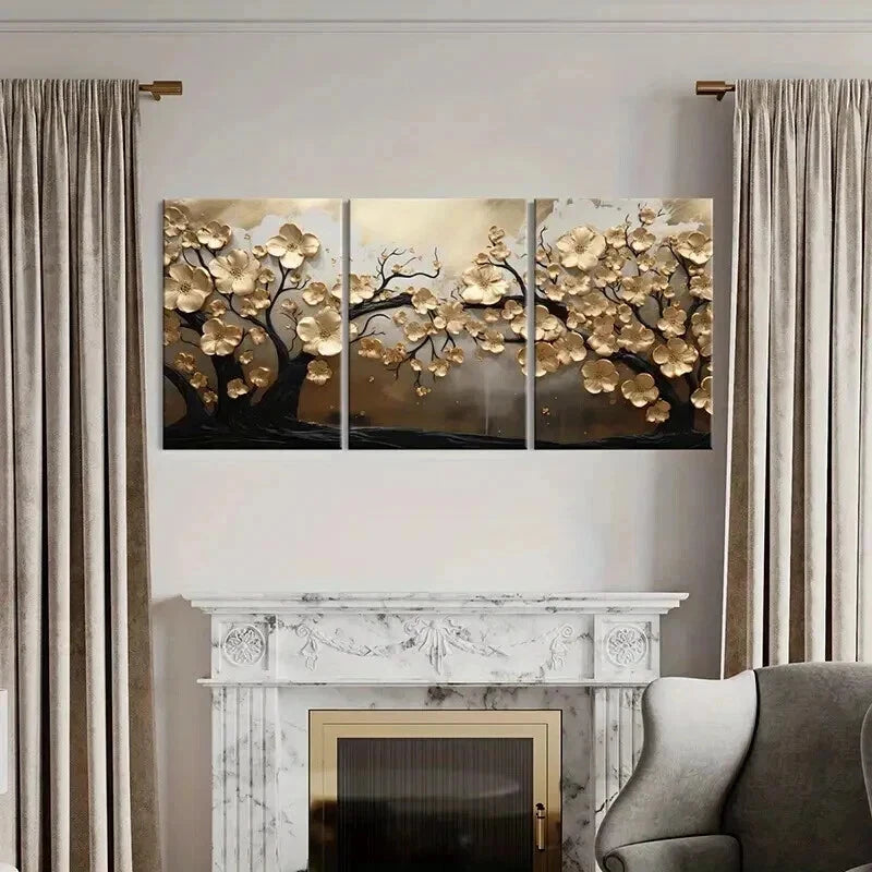 3pcs Abstract Golden Leaves Tree Modern Elegance Wall Art Set Canvas Framed 50x70cm - High Quality Print 100% Australian Made Wall Canvas Ready to Hang - Bella Home Decor
