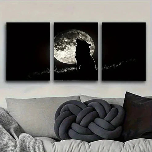3pcs Silhouette of Wolf Howling at Moon Wall Art Canvas Unframed - High Quality Print 100% Australian Made Wall Canvas - Bella Home Decor