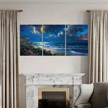 3pcs Fantasy Landscape Seaside Moon Flowers Wall Art Set Canvas Framed 40x60cm - High Quality Print 100% Australian Made Wall Canvas Ready to Hang - Bella Home Decor